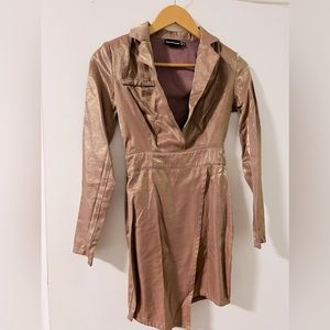 Dusty Pink Metallic Shimmer Plunge Wrap Detail Blazer Dress